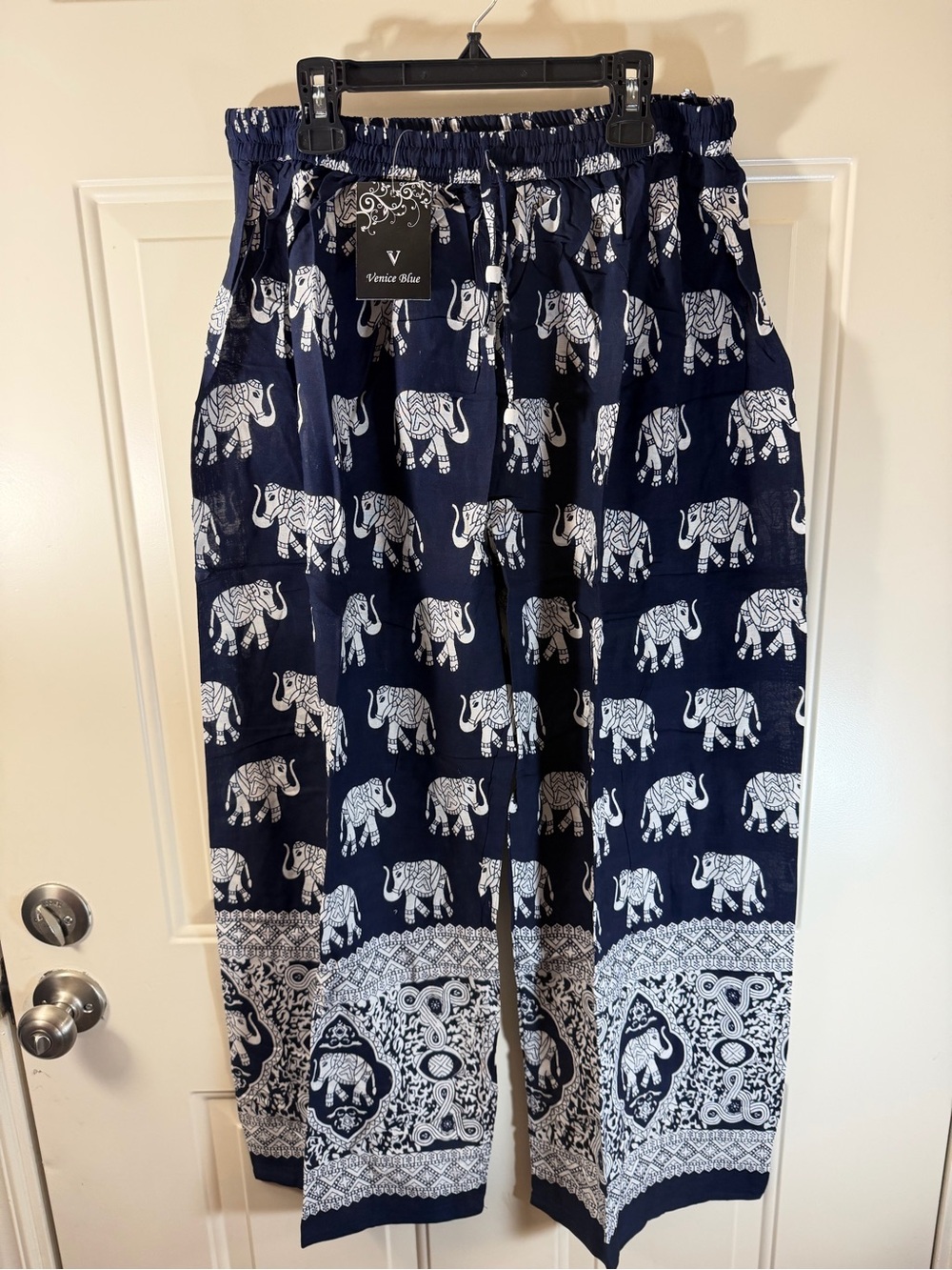Venice Blue Navy Elephant Print Wide Leg Boho Pants Free Size
